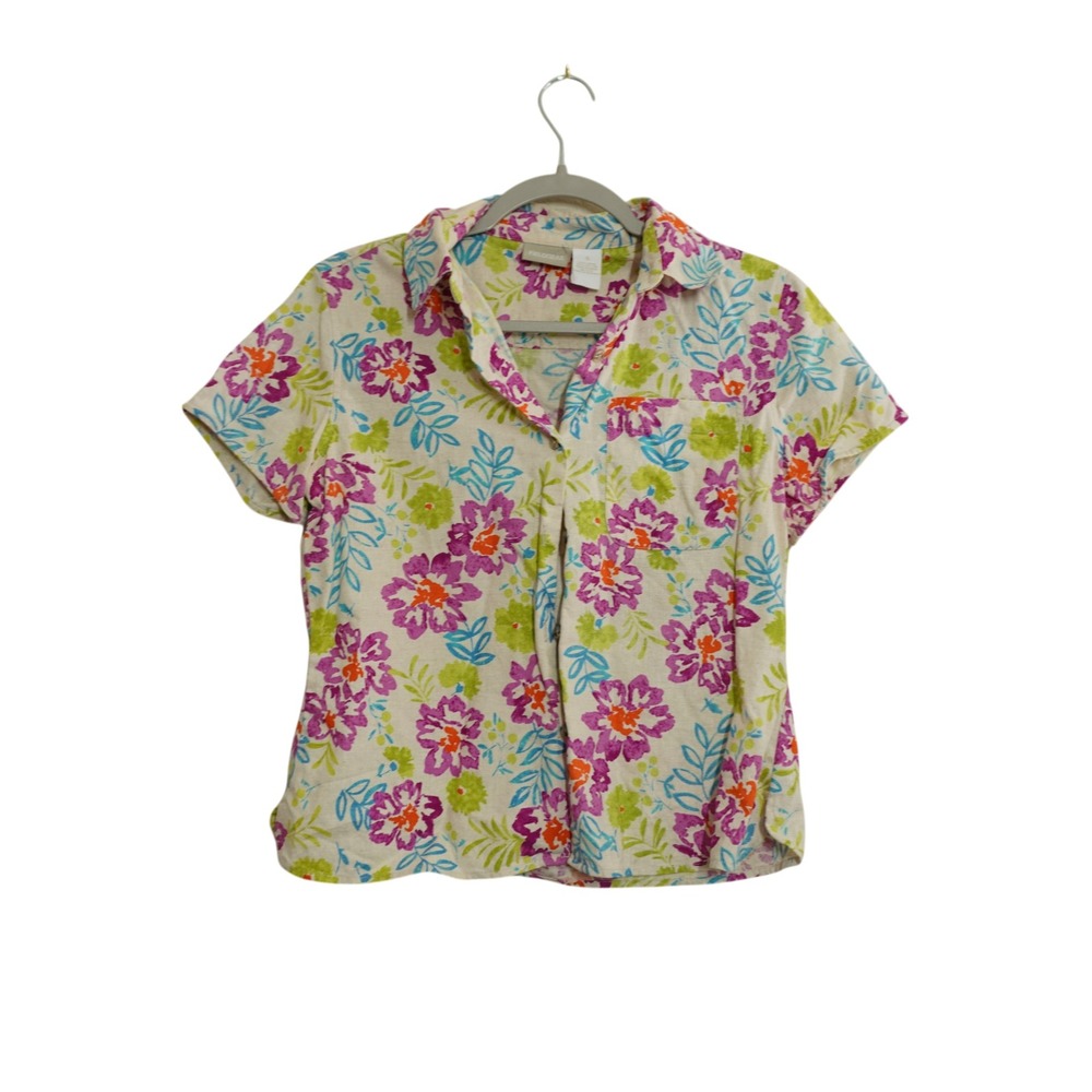 Fieldgear Womens Linen Blend Floral Button Up Shirt Short Sleeve Tropical Small‎